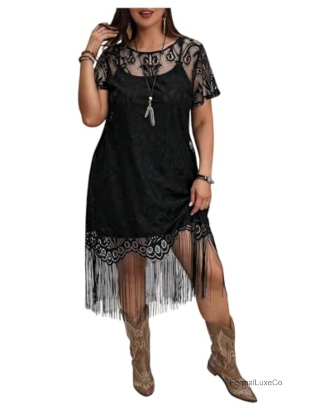 Plus Size Western Dress Lace Fringe Cowgirl Boho Midi